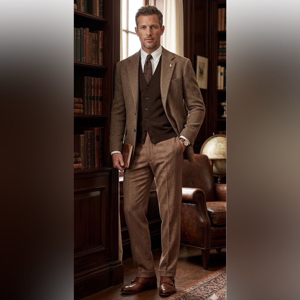 VINTAGE Polo Ralph Lauren Dress Pant Men‎ 34x31 Brown Wool Tweed Dress Trousers